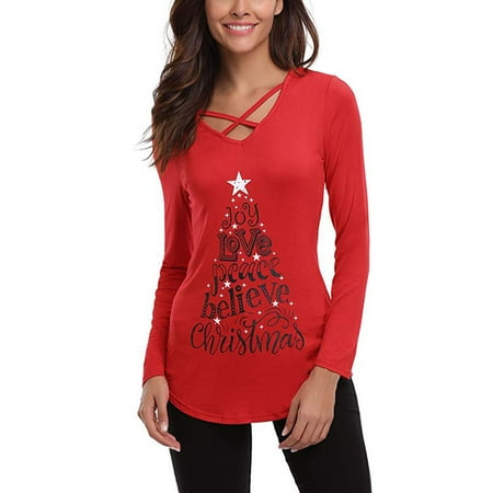 - Womens Sexy Criss Cross Front V-Neck Long Sleeve Christmas Letter Print T-Shirt Tunic Tops