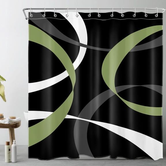 HVEST Abstract Geometric Shower Curtain, Black and Green Abstract Line Shower Curtain - Modern Simple Bathroom Decor, Waterproof Polyester Fabric, Includes 12 Hooks, 72x72 Inches