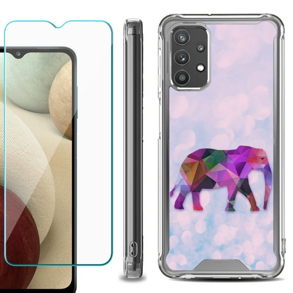 Shockproof Bumper Phone Case for Samsung Galaxy A32 5G, with Tempered Glass Screen Protector, by OneToughShield ® - Elephant /Polygon
