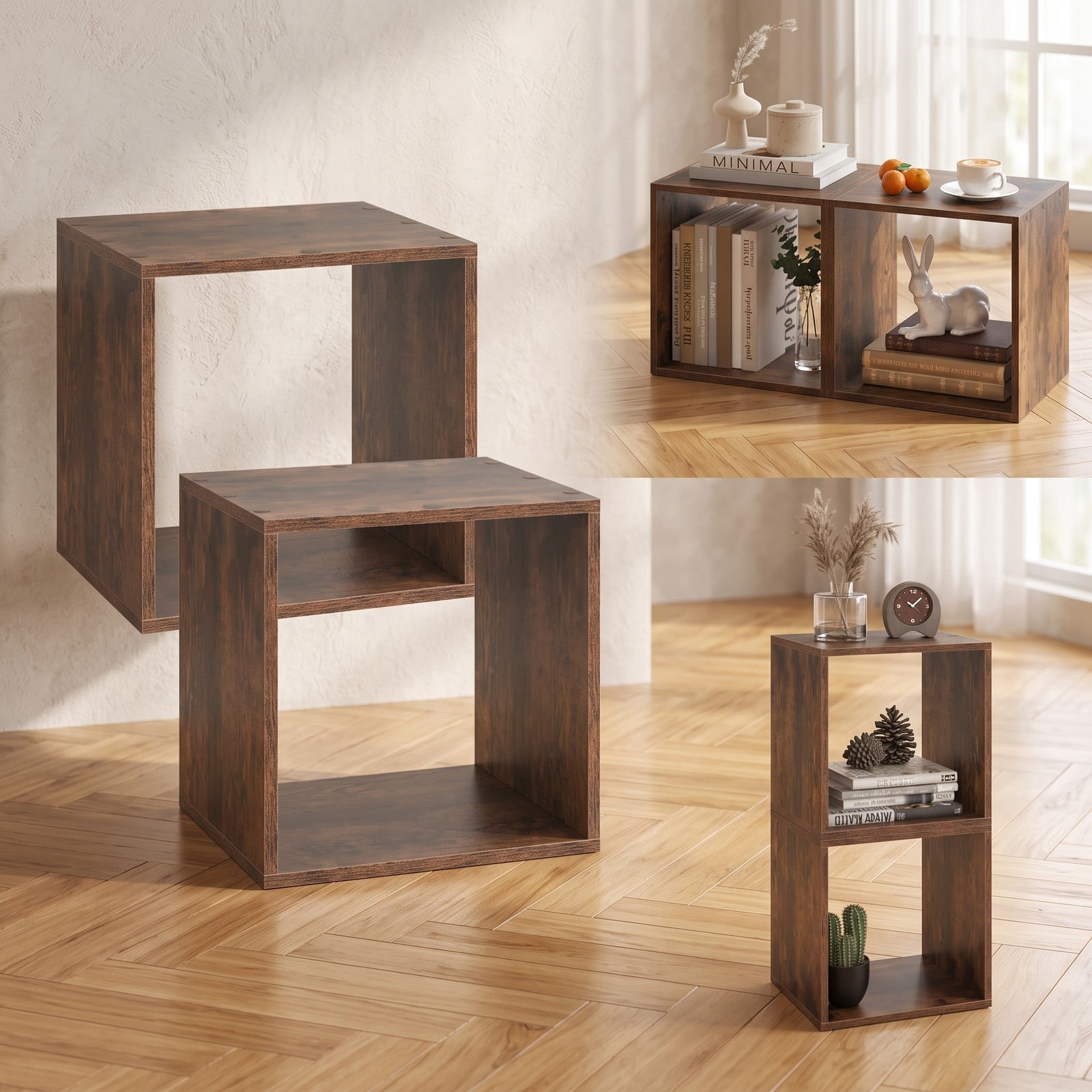 Furnibear Cube Storage Organizer Set of 2, Stackable Modular Wood Bookcase Cubby Shelf for Living Room Bedroom Study Office, Display Bookshelf with, Rustic Brown