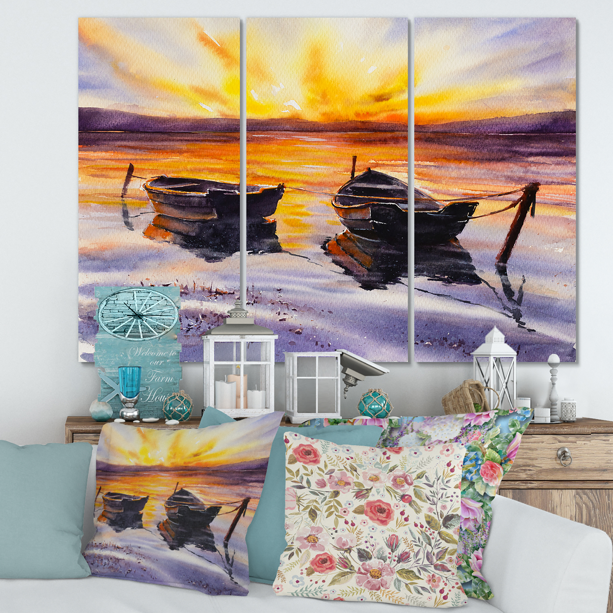 Two Small Boats Parking On The Shore and Sunset 28 in x 36 in Painting Canvas Art Print, by Designart