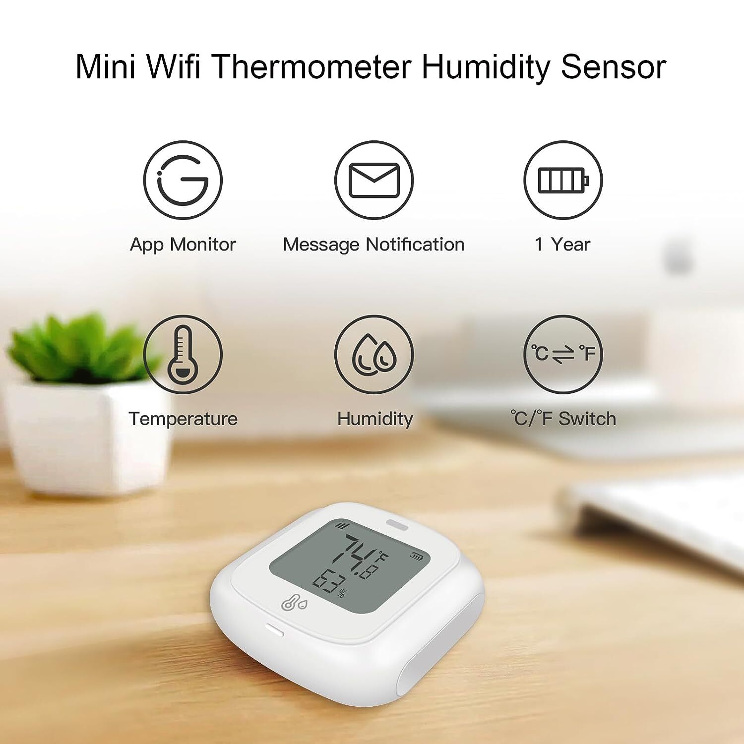 2 PCS WiFi Temperature Humidity Sensor,Thermometer Hygrometer Monitor with App Alert, Mini Thermometer Humidity Sensor(Only 2.4G)