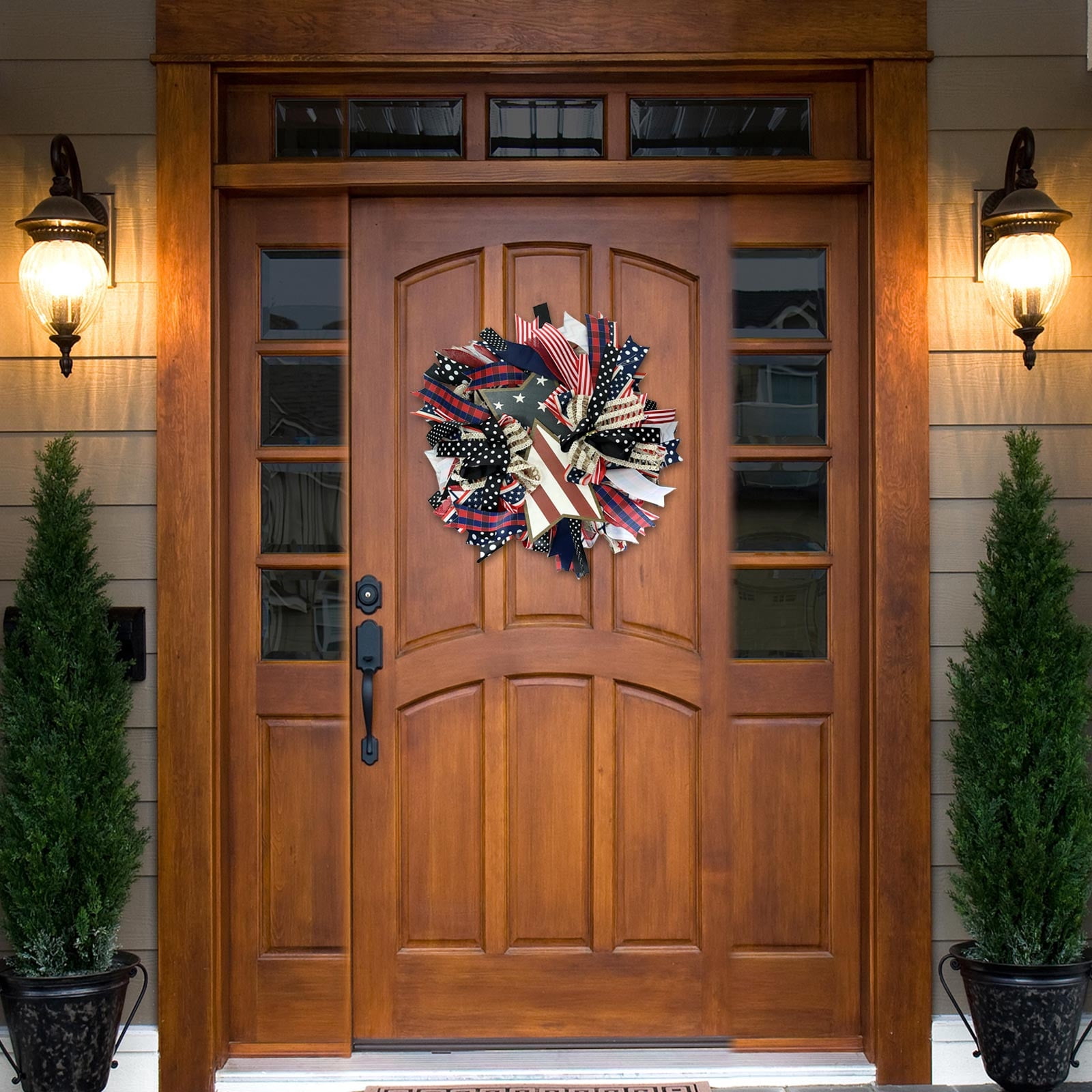 17.7 Inch Ribbon Independence Day Front Door Wreath Welcome Sign Door Hangers Anniversary Patriotic Wreath Red White and Blue 4th Of July Garland for Home Wall Porch