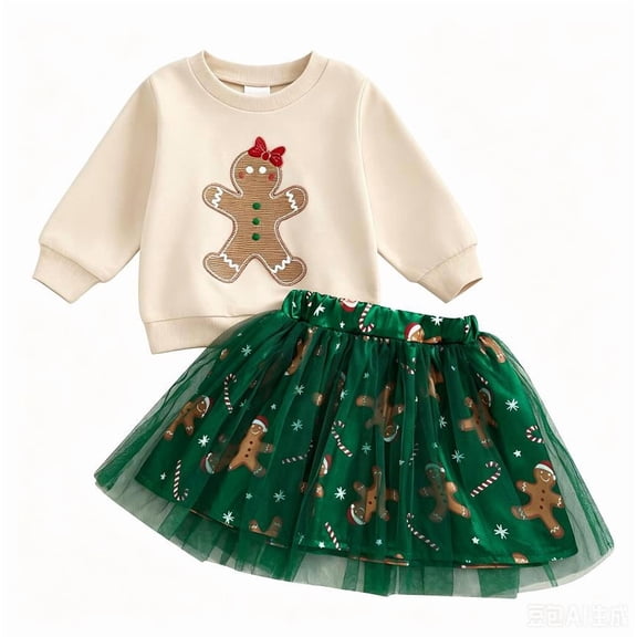 RUINIXCW Toddler Baby Girl Christmas Outfit Infant Baby Girl Fall Winter ClothesCute Gingerbread Man Embroidery Long Sleeve Crew Neck Sweatshirt Tulle Tutu Skirt Set