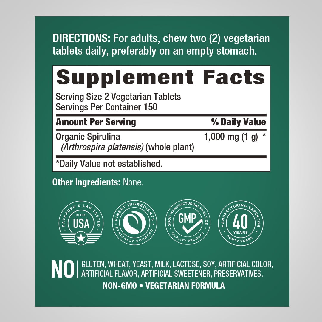 Organic Spirulina Tablets |  1000mg | 300 Count | Supplement for Men and Women | by Piping Rock