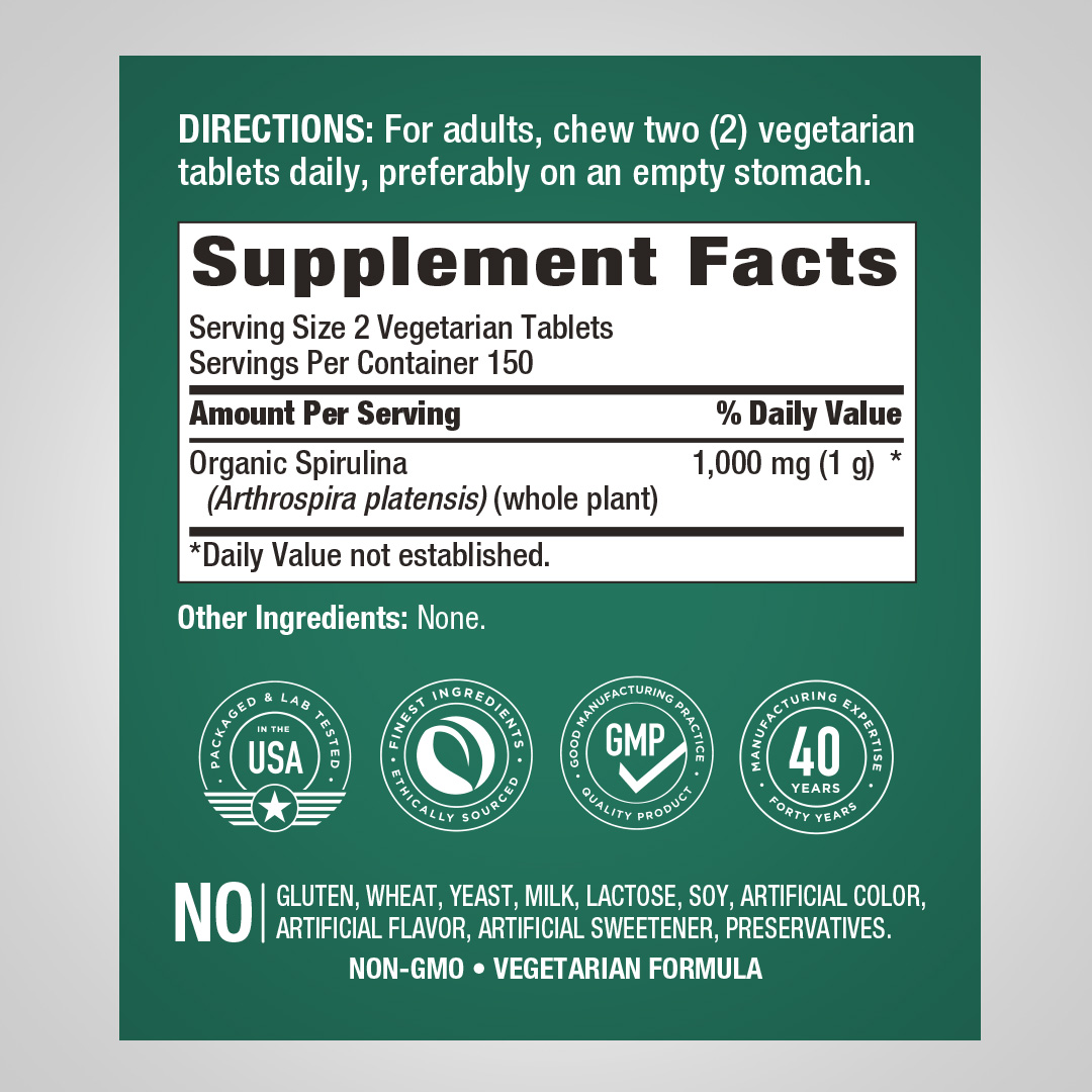 Tabletas de espirulina orgánica | 1000 mg | 300 unidades | Suplemento para hombres y mujeres | de Piping Rock 2