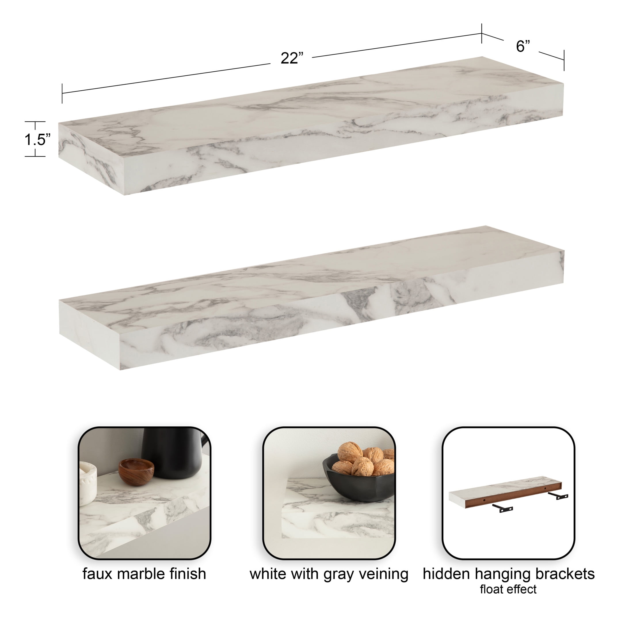 Kate and Laurel Havlock Modern Faux Marble Floating Shelves, Set of 2, 22 x 6, White, Transitional Functional Bathroom and Kitchen Shelves for Dorm Storage or Apartment Decor