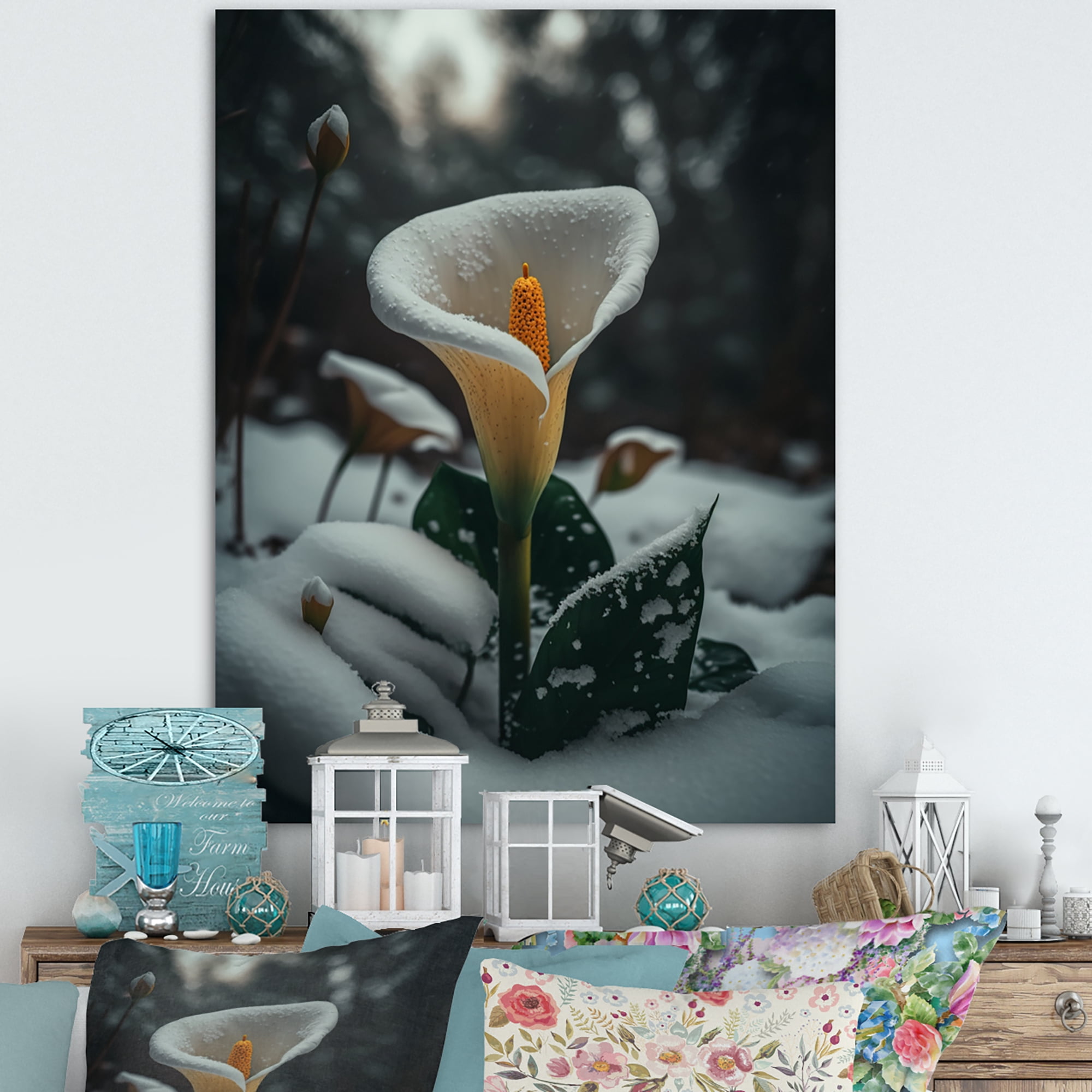 Designart A Blooming White Calla Lily Flower Winter I Canvas Wall Art
