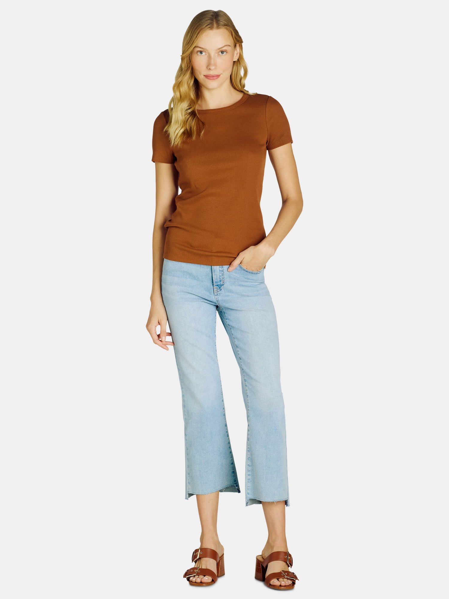 Time and Tru Women’s Rib Crewneck Tee with Short Sleeves, Sizes XS-XXXL