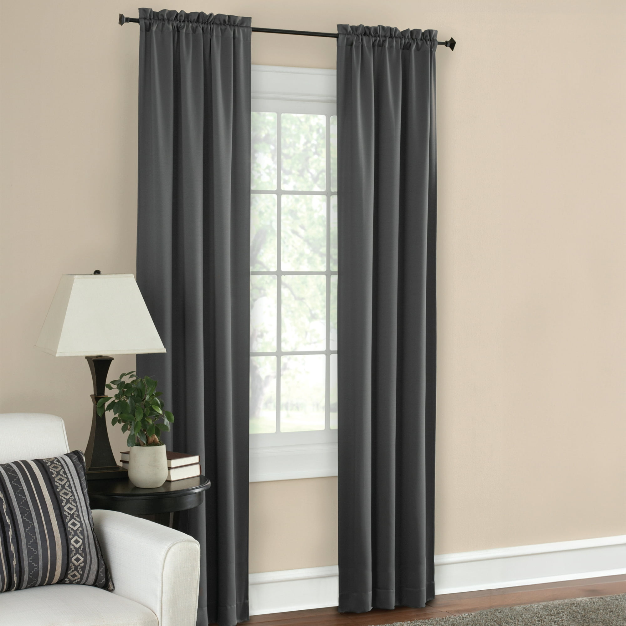 Mainstays Solid Blackout Curtain Panel Pair, Set of 2, Charcoal Gray, 30 in W x 84 in L