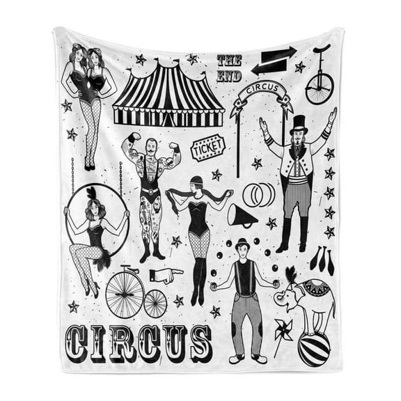 Circus Soft Flannel Fleece Throw Blanket, Monochrome Composition of Twins Acrobat Snake Lady Strong Man, Cozy Plush for Indoor and Outdoor Use, 50" x 70", Charcoal Grey and White, by Ambesonne
