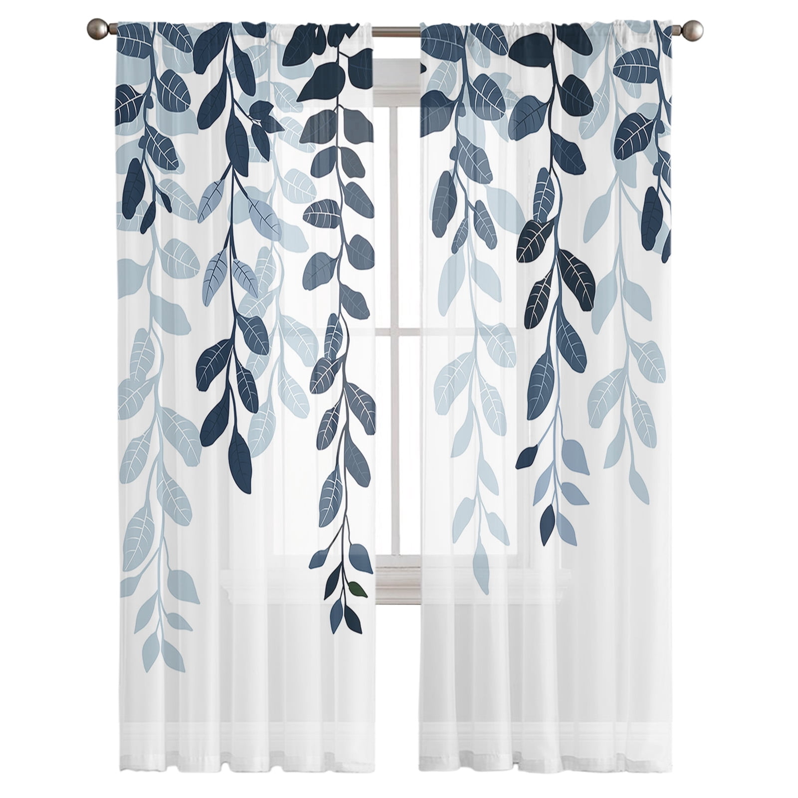 Sheer Curtains 108 inches Long, Plants Blue Leaves Farmhouse Style Gradient Light Filtering Sheer Window Curtains Rod Pocket Voile Drapes for Bedroom Living Room, 52"W x 108"L 2 Panels