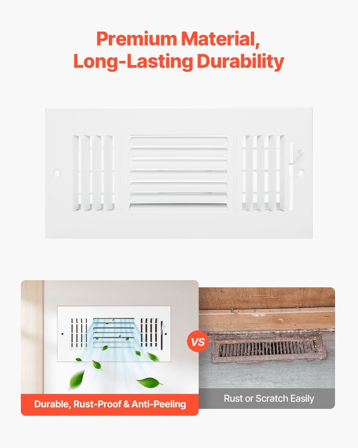Floor Registers 4x10 Inch, 6-Pack HVAC Vents - Adjustable Airflow Metal Vent Grilles for Home & Office - Rustproof Air Deflectors with Damper, White