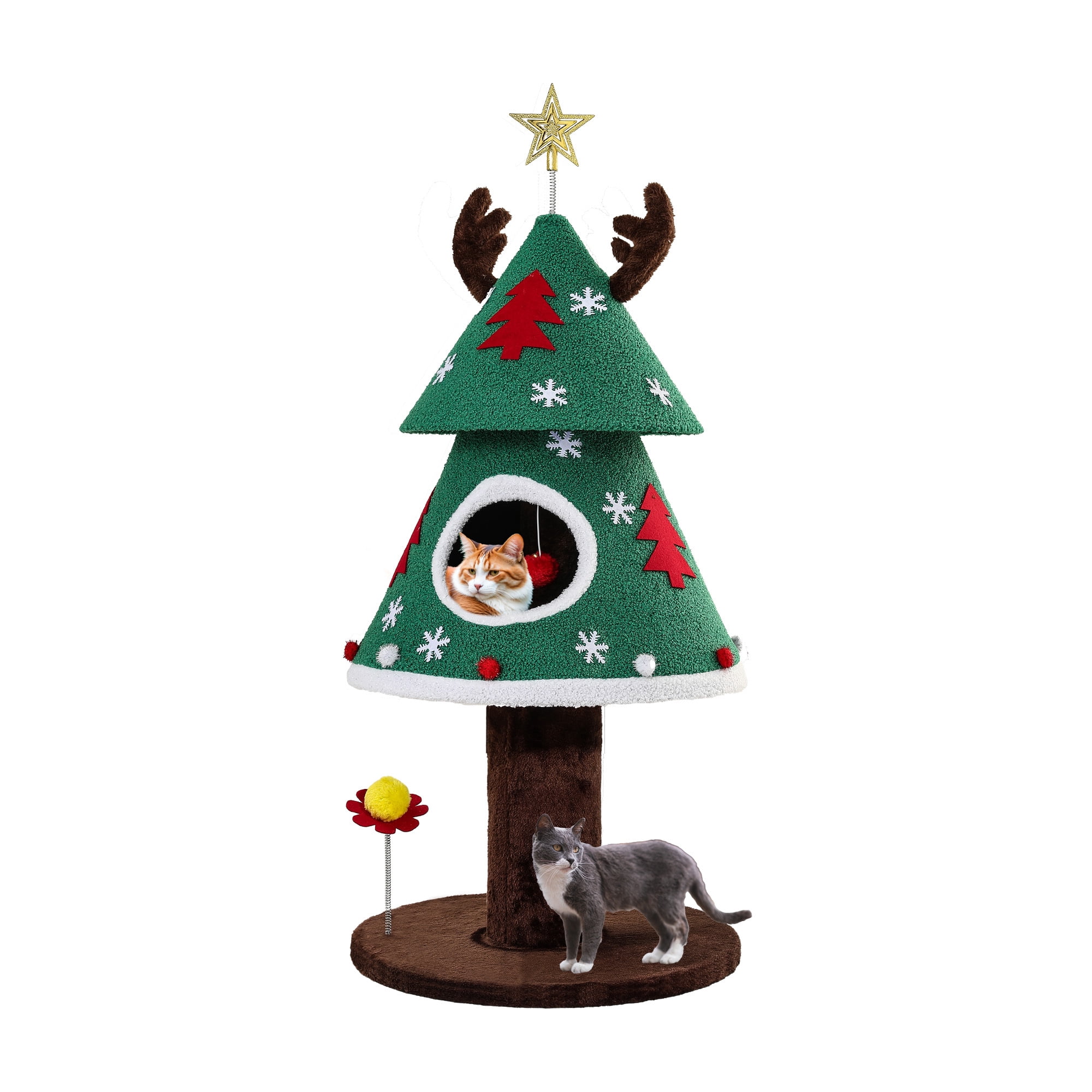 Uforic 47 Inch Indoor Flannel Festive Christmas Cat Tree Tower with Cat Condo, Anti-Tip Stable Base for Small Medium Cats, Green