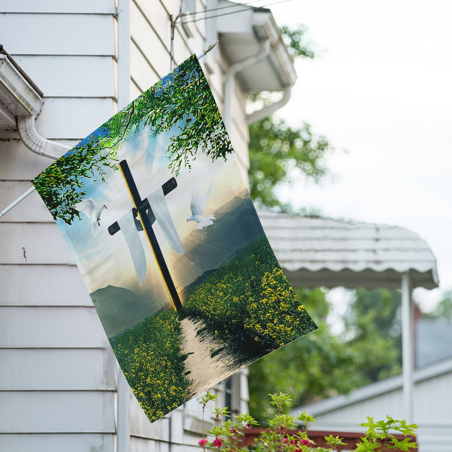 America Forever Cross Easter Day House Flag 28 x 40 inch Double Sided He is Risen Flowers Farmhouse Doves Small Spring Holiday Easter Day Flags for Outdoor Yard Lawn Decoration