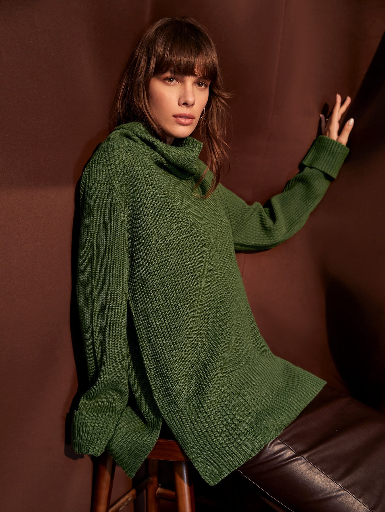 Dark Green Cowl Neck Split Hem Longline 