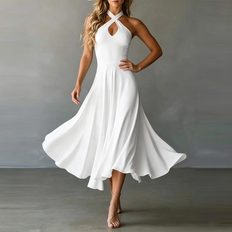 Hduncf Women's Solid Color Halter V Neck Keyhole Front Midi Dress Corset Smocked Sundress Flowy A Line Wedding Guest Dresses White L, Size: Large Hduncf Women's Solid Color Halter V Neck Keyhole Front Midi Dress Corset Smocked Sundress Flowy A Line Wedding Guest Dresses White L, Size: Large