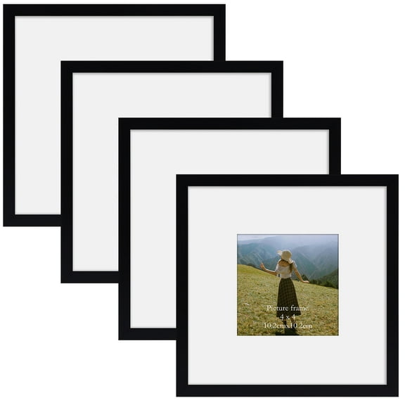 8x8 Picture Frame Set of 4, Matted to 4x4 Pictures with Mat or 8 x 8 Photo Without Mat, Matted Square Frames for Wall or Tabletop Display, Black