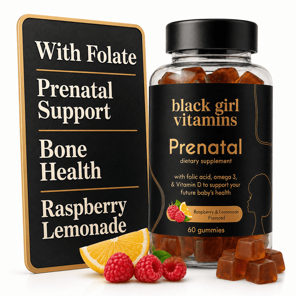 Black Girl Vitamins - Prenatal Gummies for Women Vitamin with Folate for Bone Health Support, Gluten-Free, (Raspberry-Lemonade), 60ct