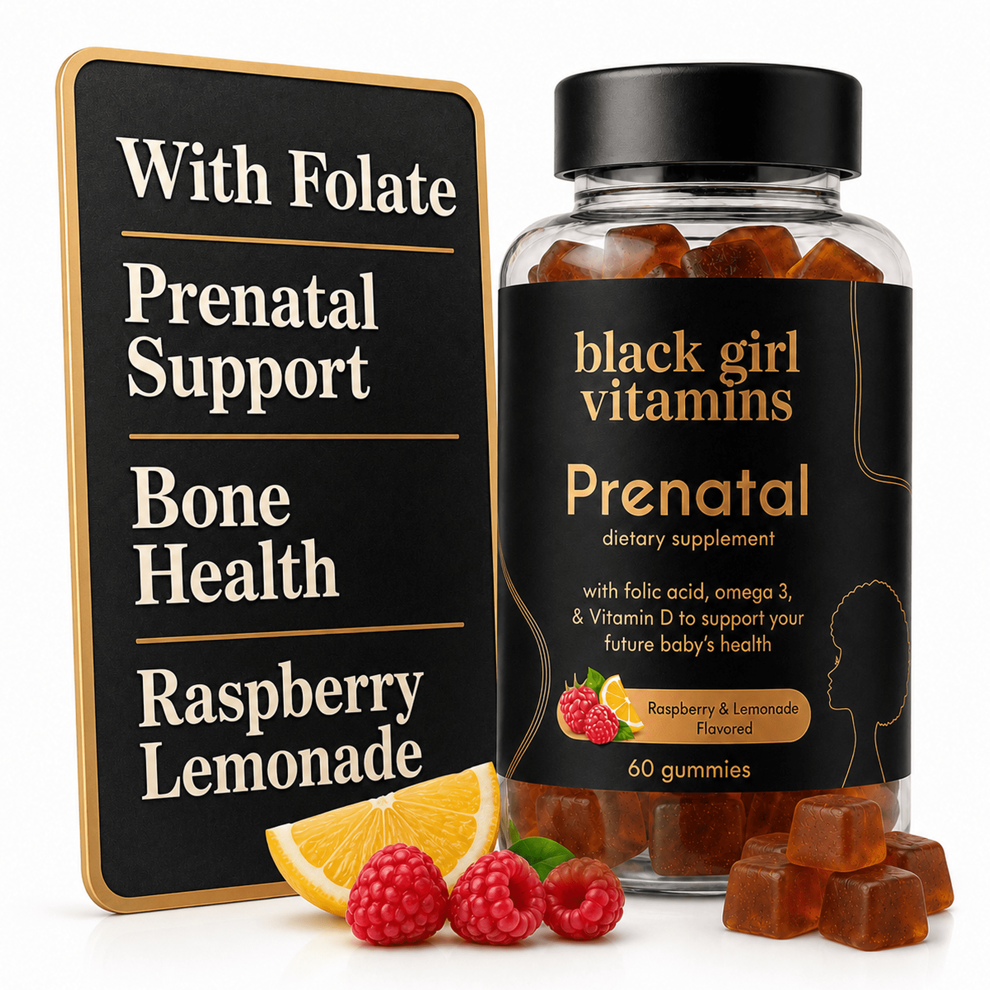 Black Girl Vitamins - Prenatal Gummies for Women Vitamin with Folate for Bone Health Support, Gluten-Free, (Raspberry-Lemonade), 60ct