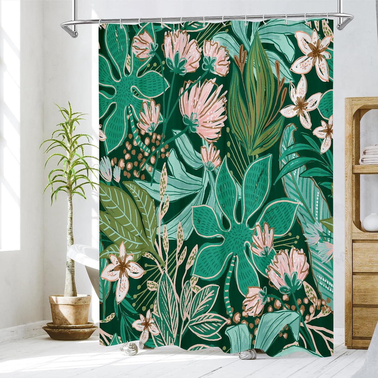 Boho Floral Shower Curtain, Modern Flower Shower Curtains for Rustic Vintage Bathroom Decor, Chic Elegant Fabric Cloth Shower Curtain, Abstract Tropical Leaves, 72x72