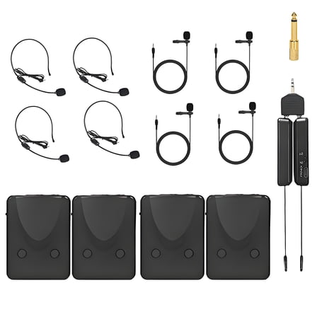 Professional Wireless Microphone System, 8-Mic Kit (4 Headset Mics & 4 Lavalier Mics) with 4 Waistpack Transmitters & Receivers, Portable for Recording, Interviews, Streaming, YouTube, Podcasts