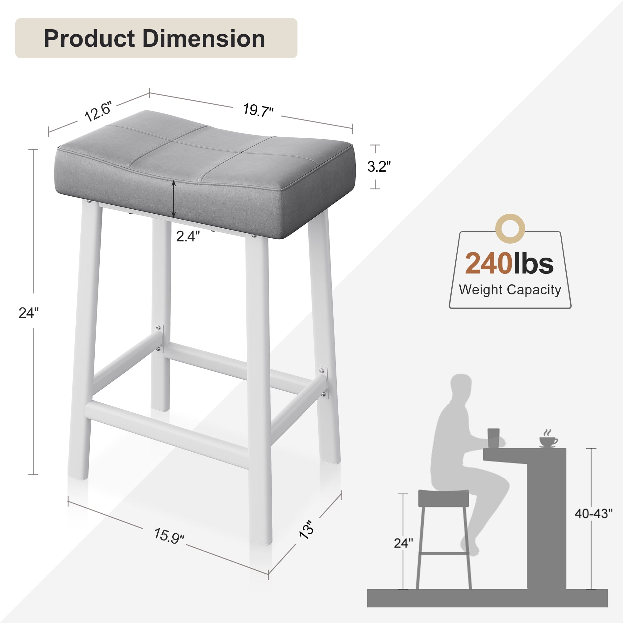 AOILE 24-Inch Bar Stools Set of 2/4 – Soft PU Leather Seat, Sturdy Metal Frame, Waterproof & Easy-to-Clean – Ideal for Kitchen Island, Bar, Dining Room – Available in Black, Brown, Grey, White