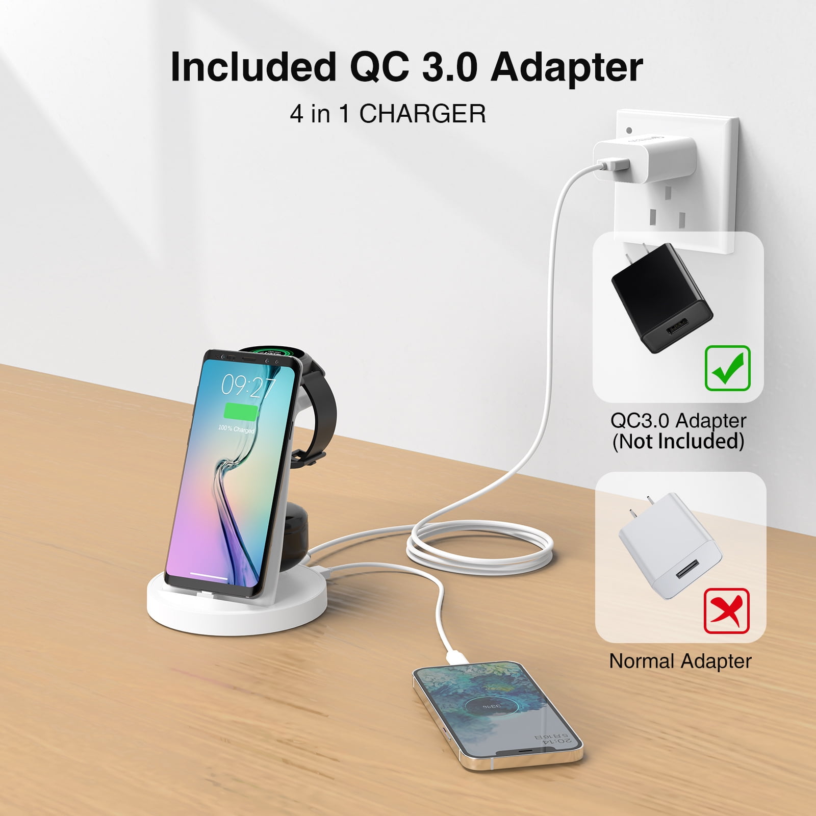 Suitable for Apple Samsung mobile phone headset wireless charging stand three-in-one desktop vertical fast charging wireless charging base,W-05 Samsung model,TYPE-C-QC3.0