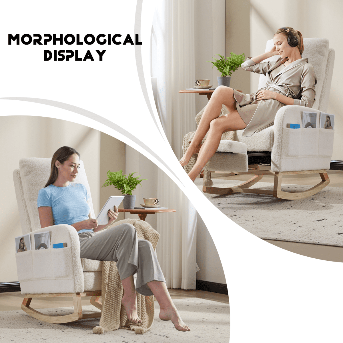 White Teddy Fabric Rocking Chair with Solid Wood Legs & Side Pocket, Upholstered Nursery Glider for Living Room