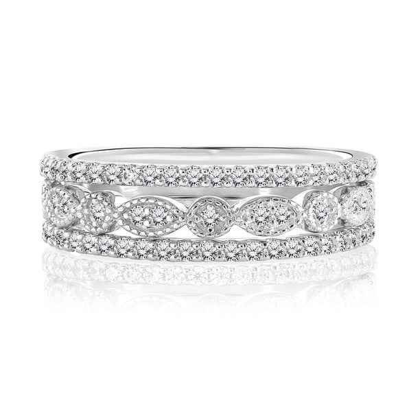 JeenMata Conjunto de Trío de Alianzas de Boda Armonizantes para Mujer en Oro Blanco de 18 K sobre Plata