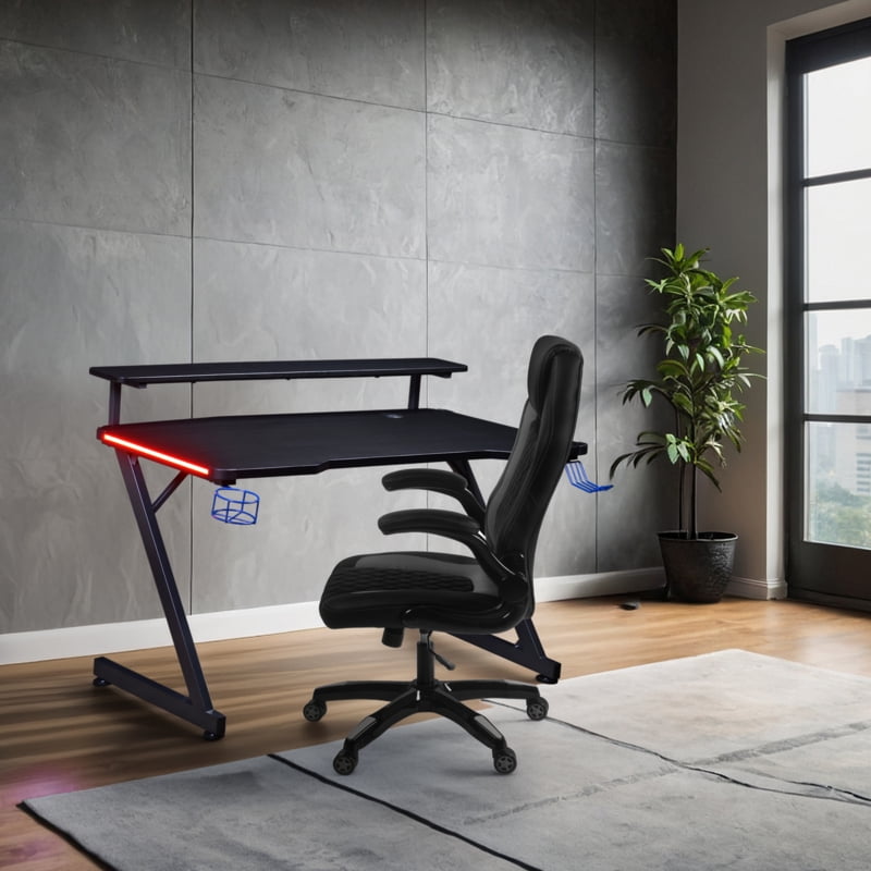AON Gaming Desk & Gaming Chair Set – LED Carbon Fiber Desk with Riser Shelf and Ergonomic Racing-Style Gaming Chair, Black/ Grey