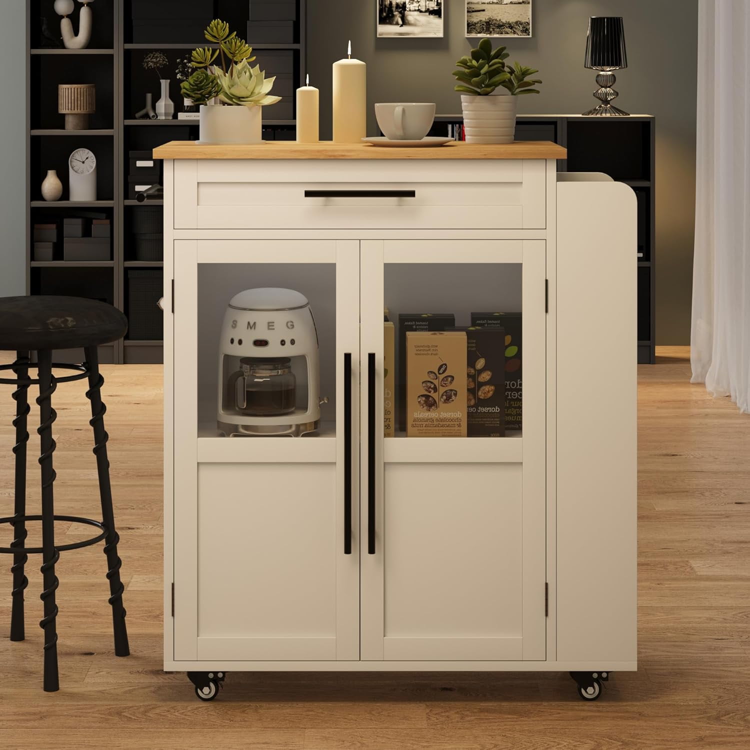 Rolling Wooden Kitchen Island with Drawer, Home Kitchen Cart with Storage Cabinet on Wheels, Thicker Wooden Top Portable Trolley Island with 3 Spice Rack for Kitchen, Dining Room