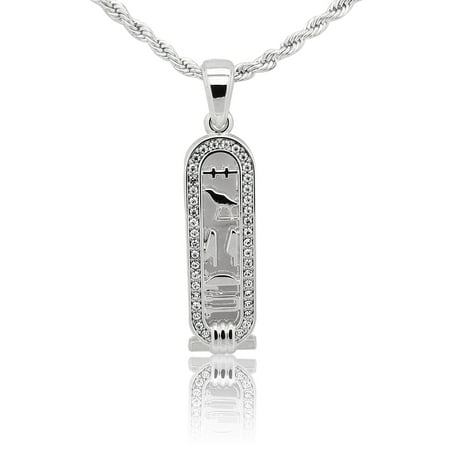 Egyptian Cartouche Pendant - 14K White Gold Plated Solid Iced Out Hip Hop Bling Egyptian Cartouche Pendant with 24 inch Rope Necklace Chain