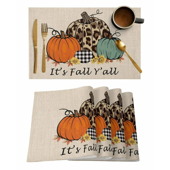 It's Fall Placemats Set of 4 Y'all Leopard Plaid Pumpkin Harvest Linen Texture Heat Insulation Washable Place Mats, Rustic Non-Slip Table Mats for Dining Table Party Kitchen Decor,13x19 Inch