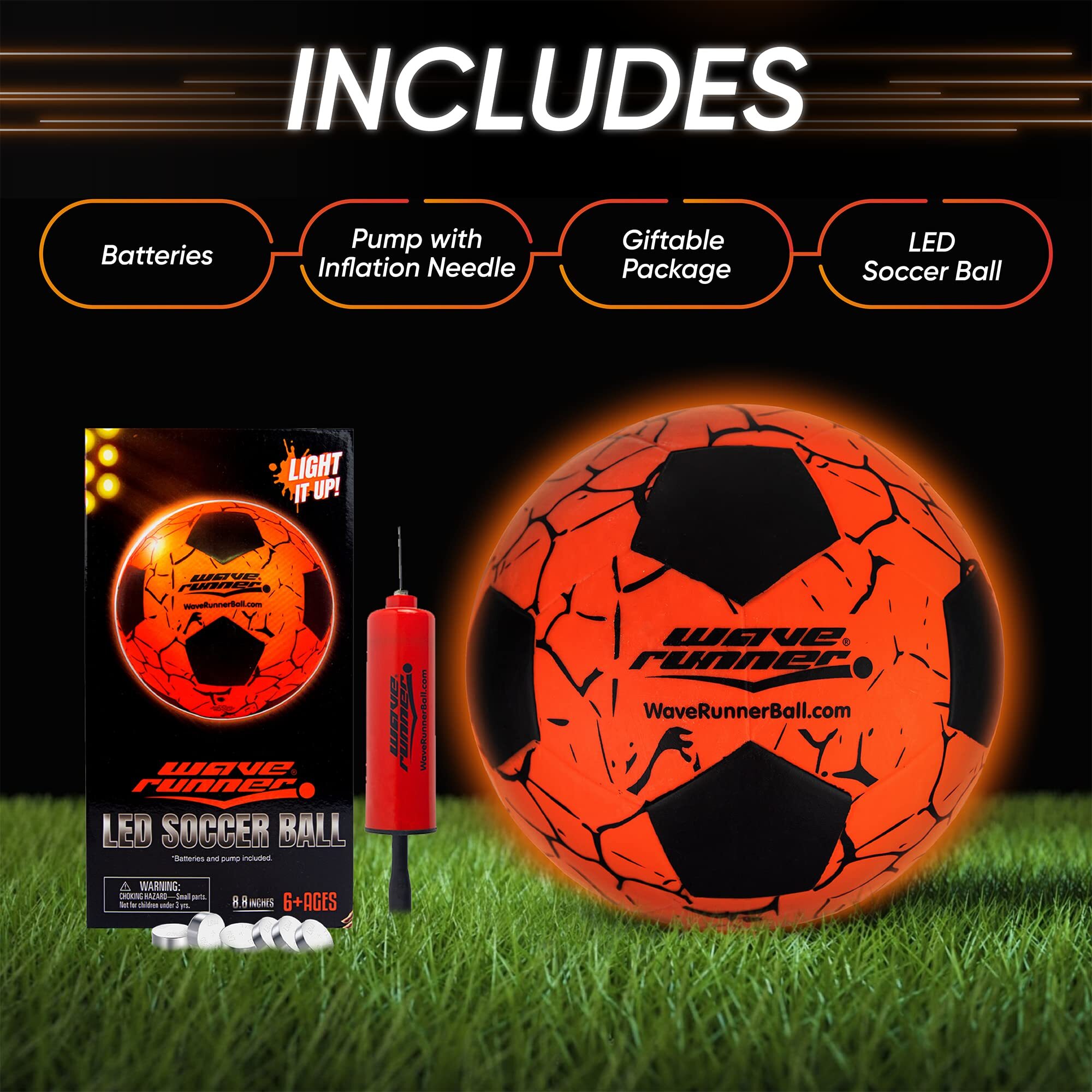 Wave Runner Glow in the Dark LED Light Up Soccer Ball - Official Size 5 with Pump and Pre-Installed Batteries