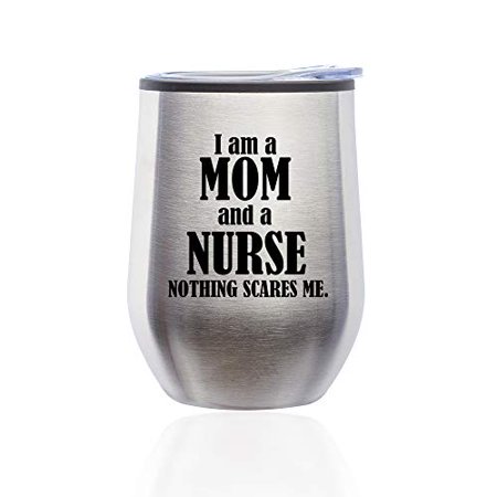 

Stemless Wine Tumbler Coffee Travel Mug Glass with Lid Nurse Mom (Silver)