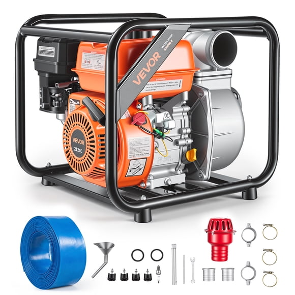 VEVOR Gas Powered Water Pump, 3 in, 242 GPM 7HP Semi Trash Water Transfer Pump Portable, Gasoline Engine with 25 ft Discharge Hose, Heavy Duty Frame, Cast Iron Impeller