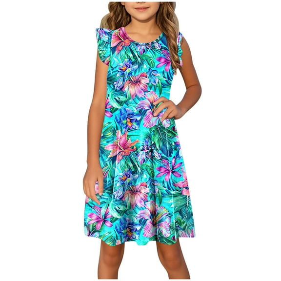 AUNVITO Girls Floral Print Flutter Sleeve Dress Summer Style Casual Kids' Dress