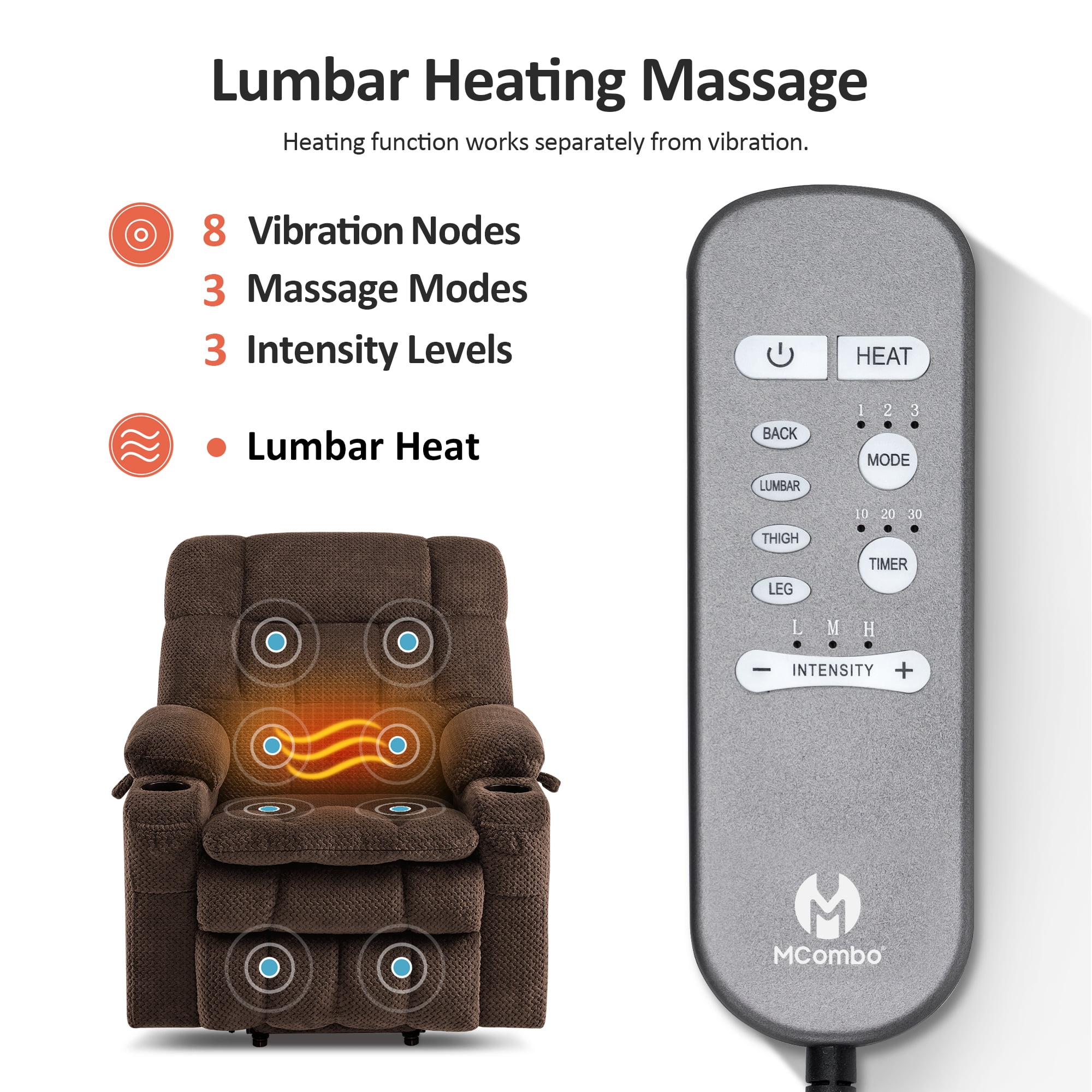 MCombo 21.3" Seat Width Lay Flat Dual Motor Power Recliner Lift Chair with Vibration and Heat, Infinite Position