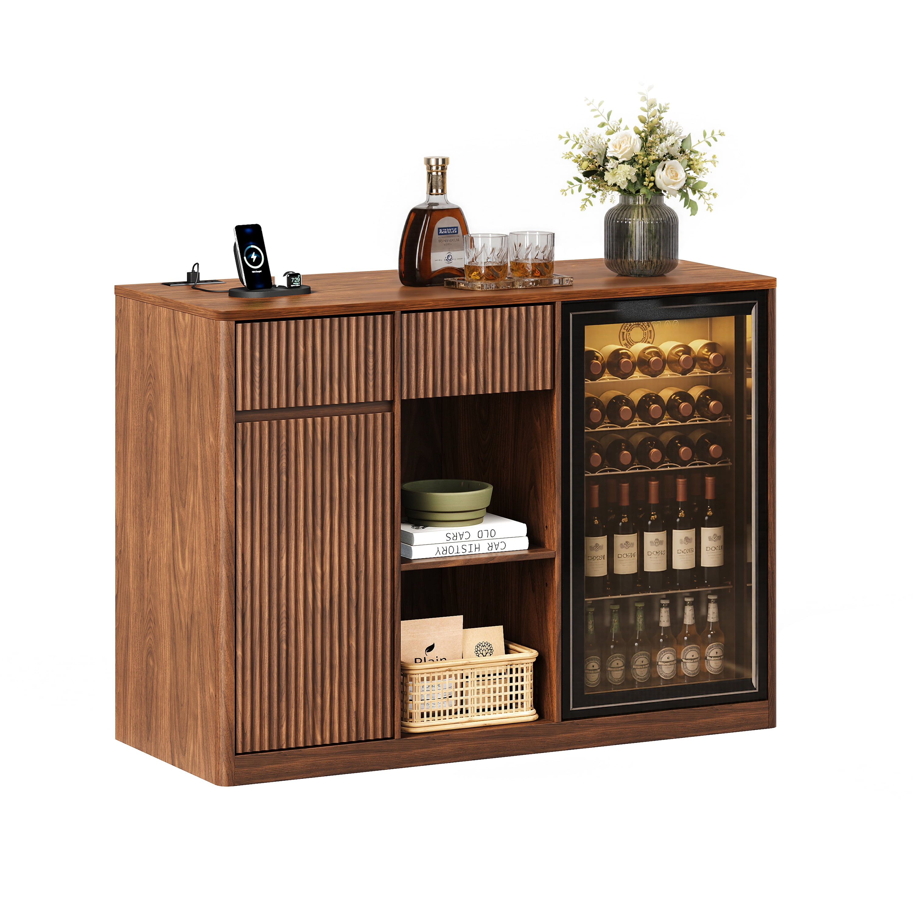 51.2" Modern Fluted Bar Cabinet with Fridge Compartment(Fridge Not Included, Adjustable Shelves & Built-in Power Outlets, Multipurpose Wine Storage Cabinet for Living & Dining Room, Walnut