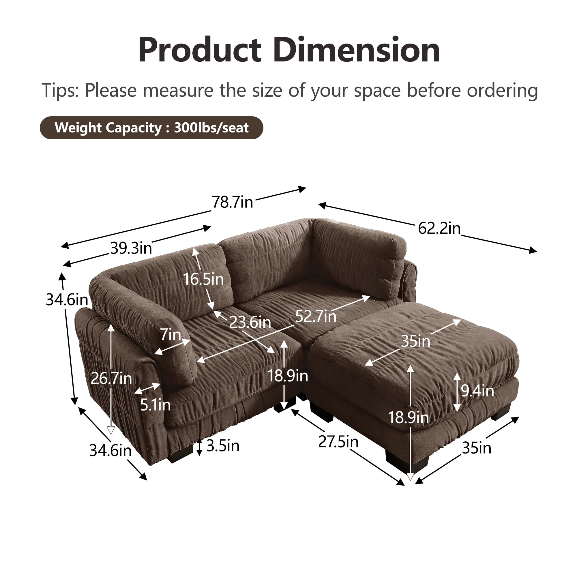78" 2 Seat Chenille Modular Sectional Sofa with Movable Ottoman and L Shape Back Cushions,Easy Assembly