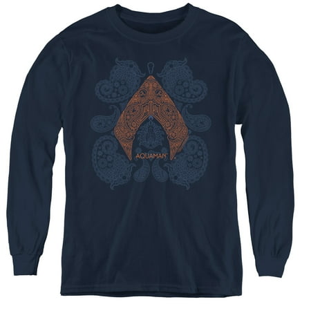 Aquaman Movie Aqua Paisley Youth Long Sleeve T-Shirt Tee Navy