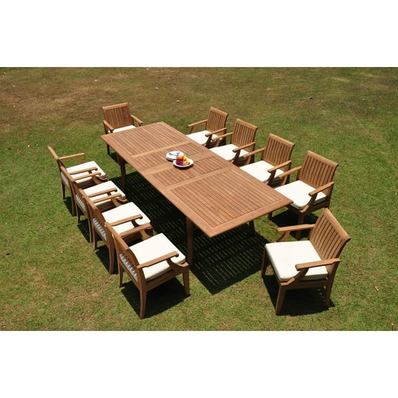 Grade-A Teak Dining Set: 10 Seater 11 Pc: 118" Double Extension Rectangle Table And 10 Lagos Arm Chairs Outdoor Patio WholesaleTeak #WMLGp