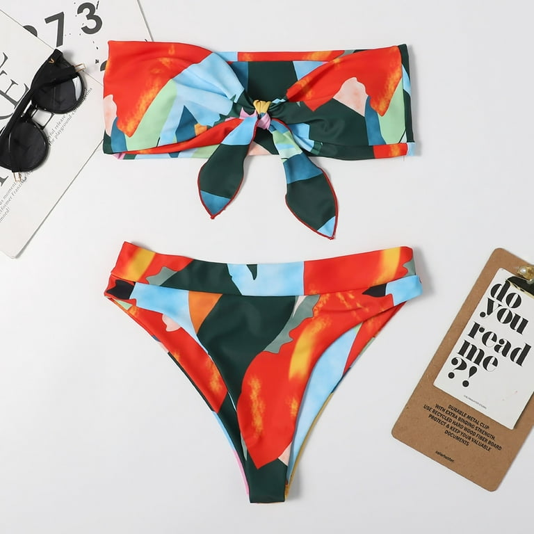 Front Knot Bikini Set for Women Fashion Print Strapless Bathing Suitmid  Waisted Thong Swimsuits Swimwear Beachwear