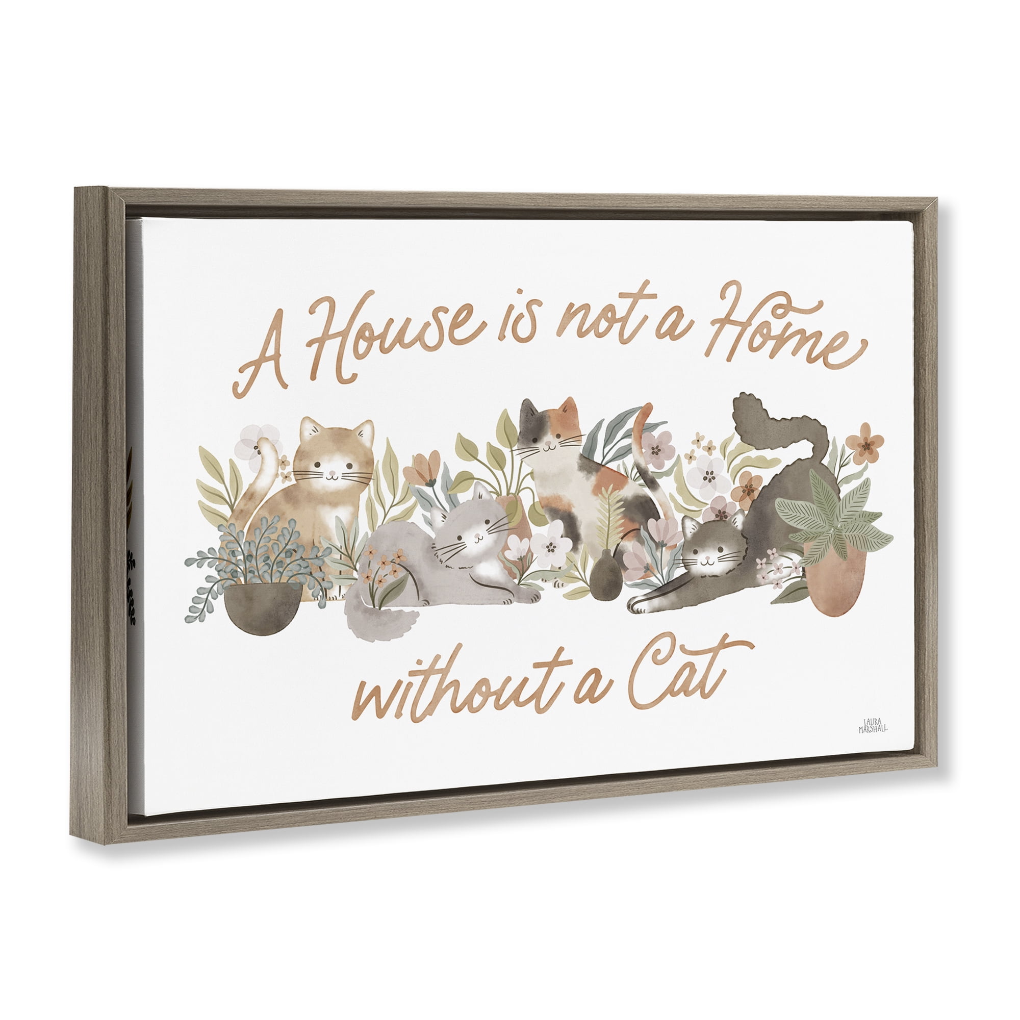 Stupell Industries Cozy Cats & Plants Phrase Animals & Insects Painting Brown Floater Framed Canvas Art Print Wall Art, 31 x 21