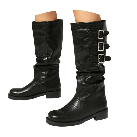 Mostsola Knee High Boots Women Mid Calf Buckle Combat Boots Low Heel Motorcycle Riding Boots