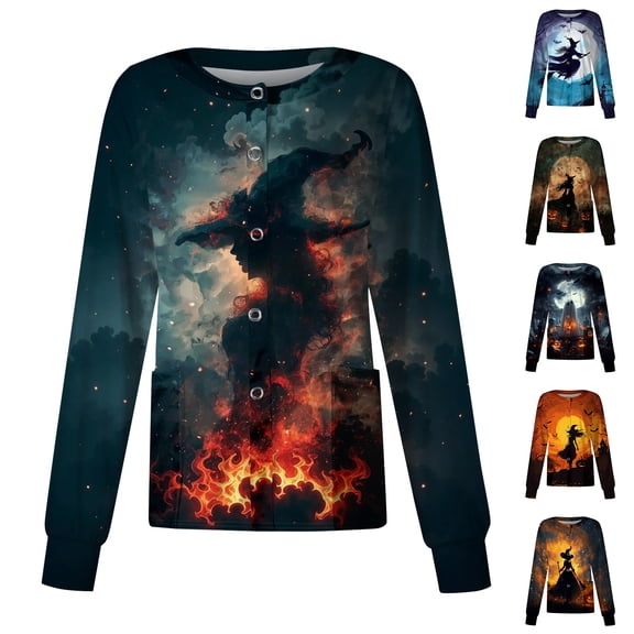 IYYVV Scrubs For Women Halloween Scrub Tops Ghost Cute Print Scrub Tops Long Sleeve Scrubs Tops Witch Pumpkin Bat Medical Nurse Uniforms With Pocket Black 4XL