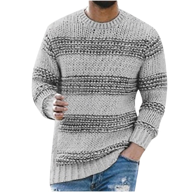 IROINNID Chandail à Col Rond pour Hommes, Manches Longues, Rayures Mi-Longues, Chandail Décontracté, Ourlet Côtelé