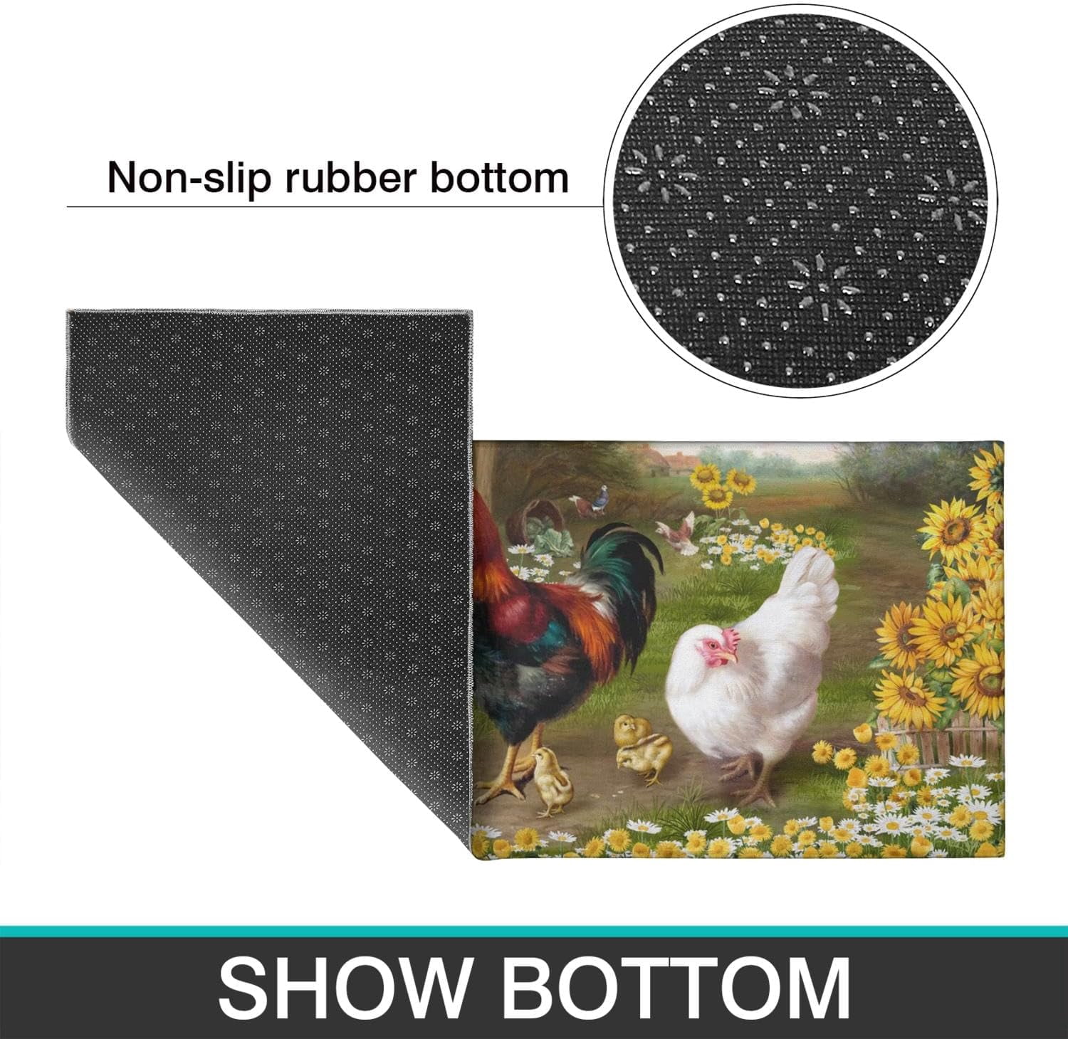 Rooster Theme Kitchen Rug 2 Piece Set, Farmhouse Decor Kitchen Floor Mat, Absorbent and Non-Slip Washable Runner Rug, Chicken Sunflower Decorations Kitchen Mats 17"x47"+17"x30"