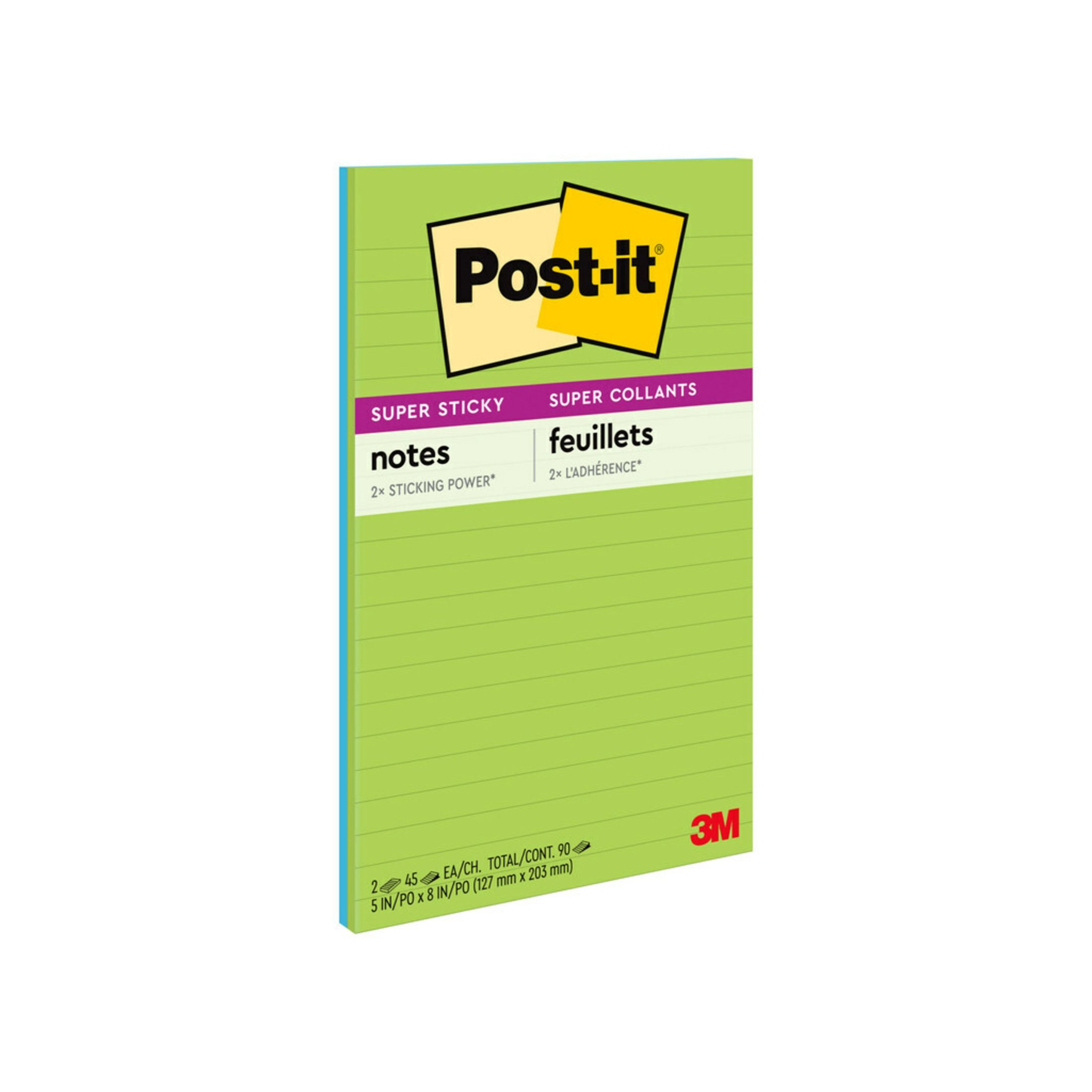 Post-it Super Sticky Notes, Lined, 5 in x 8 in, Green and Blue, 2 Pads